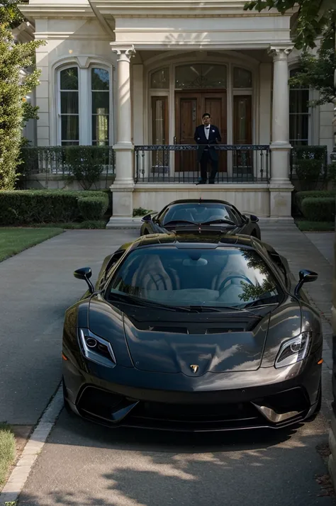 man next to a super car in a mansion 
