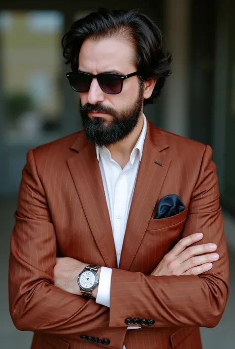 A man with a well-groomed beard and stylish sunglasses.. He is dressed in an elegant, tailor-made suit made to measure, with a smart blazer and a crisp dress shirt. The blazer is a deep copper with subtle stripes.., And the shirt is the color that best mat...