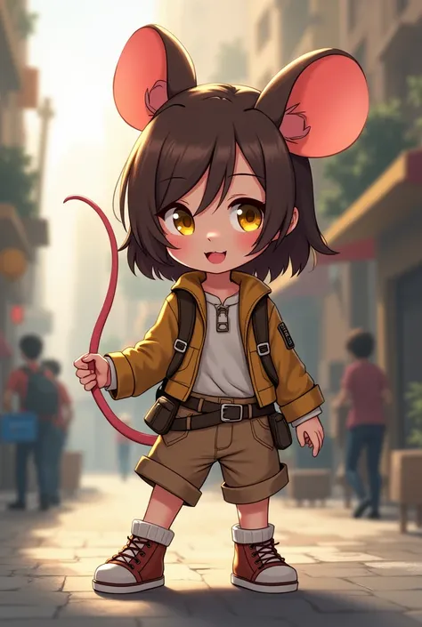 Girl, mouse ears, mouse tail, yellow eyes, brown hair, adventurer, thief, kawaii