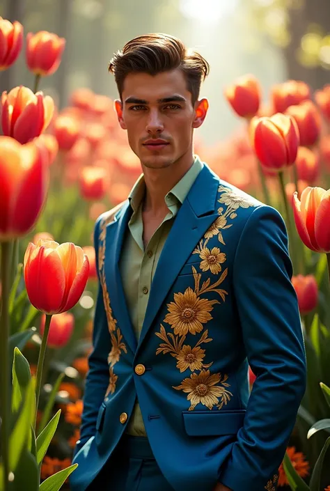 A tall, lean, and muscular young man stands confidently amidst a sea of bright, detailed tulips and jasmine blossoms. (His smooth, white skin catches the light, glowing softly as his partially unbuttoned shirt in a pale green hue clings sensually to his sc...