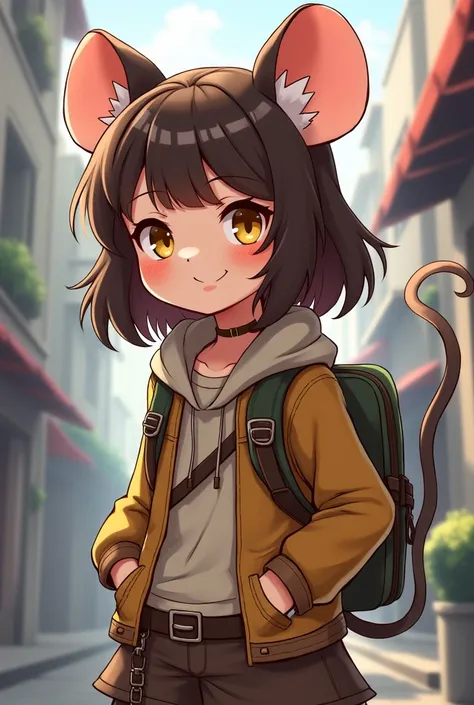 Girl, mouse ears, mouse tail, yellow eyes, brown hair, adventurer, thief, kawaii