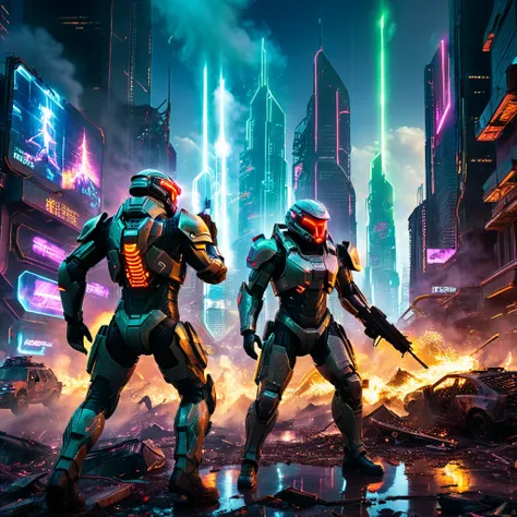 A futuristic final battle between two cyber-enhanced soldiers on a crumbling, high-tech battlefield in the heart of a dystopian city. Neon lights flicker through the smoke, and massive skyscrapers are collapsing in the distance. One soldier is wielding an ...