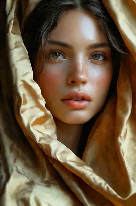 a thick textured oil painting, impasto brushstrokes, dry brushing, revealing underlayers, the model draped in flowing fabric, beautiful detailed eyes, beautiful detailed lips, extremely detailed eyes and face, long eyelashes, porcelain skin, serene express...