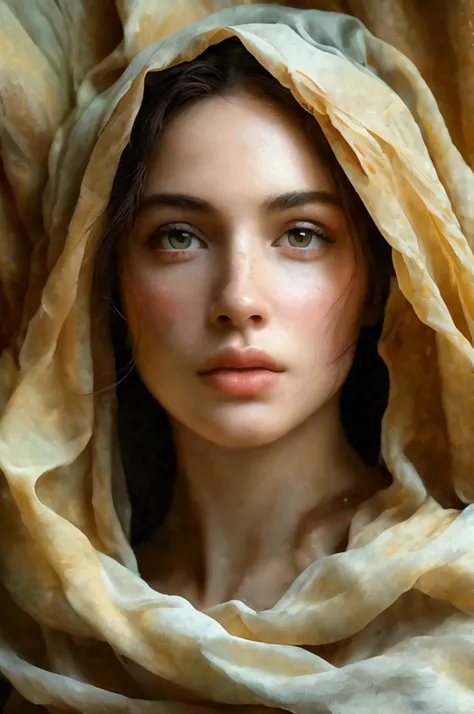 a thick textured oil painting, impasto brushstrokes, dry brushing, revealing underlayers, the model draped in flowing fabric, beautiful detailed eyes, beautiful detailed lips, extremely detailed eyes and face, long eyelashes, porcelain skin, serene express...