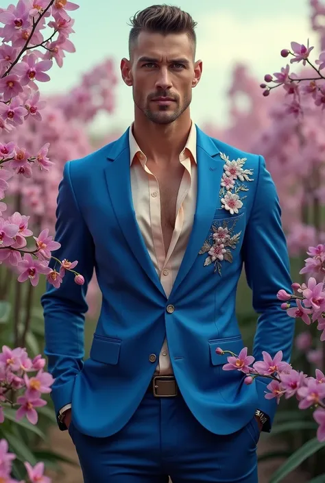 In the midst of a delicate field of orchids, a tall, lean, muscular man stands, exuding an aura of pure sensuality. (His smooth white skin, lit with a soft, intimate glow, contrasts against the vibrant floral background, as his partially unbuttoned shirt i...