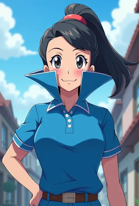 Anime Pokemon Trainer Princess, Lucina wearing a Blue Polo with a Massive Popped Collar Polo with a collar so high its taller than her head