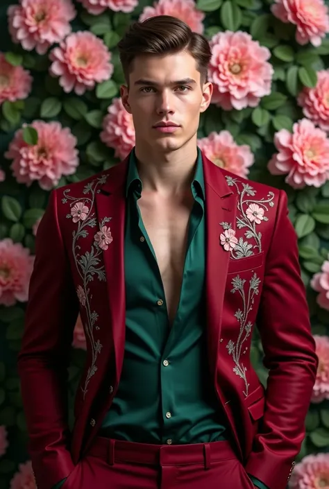 A strikingly handsome young man in his 20s stands tall against a backdrop of richly detailed peonies and hydrangeas, each petal rendered with intense realism. (His smooth white skin catches the light, highlighting the curves of his large chest, which is vi...