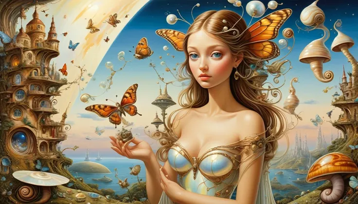 high quality, highly detailed, fantasy, At the forefront of this enchanting scene stands A Gorgeous Girl, a Mother of Pearl Loingloth .This surrealistic painting features(( Butterflys )) and Snail Houses draped over various objects computer, spaceship, Sal...