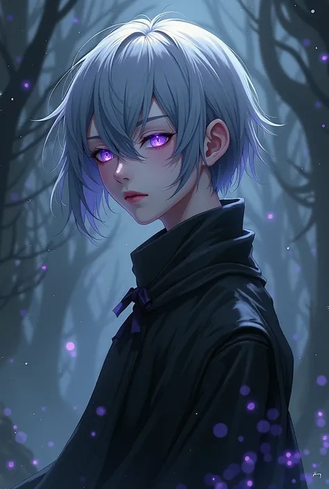 Femboy with grey hair and purple eyes