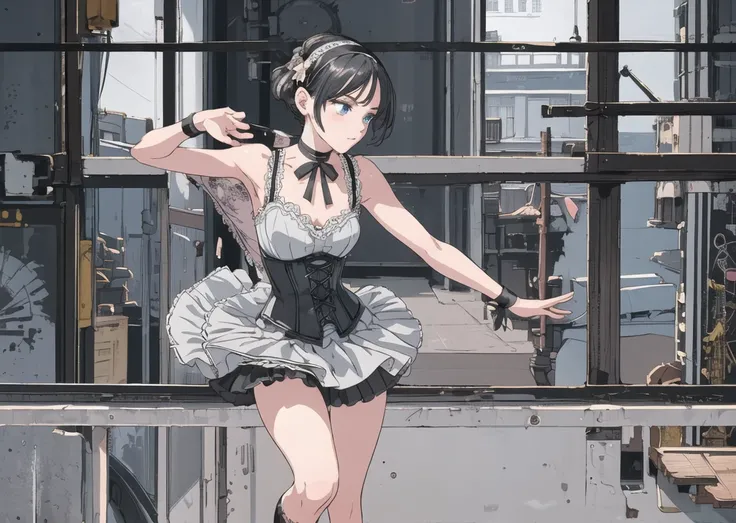 a beautiful teenage ballerina, slender body, medium chest, tight mini tutu skirt, sexy gray mini skirt, gray ballet flats with straps along the legs, full frame, dancing, (black swan) high quality, short black hair, black choker, white headband, movie post...