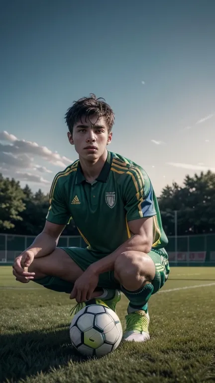 The image shows a young soccer player posing on an open field of synthetic grass. The scene appears to be dusk or early evening, as the sky is dark blue with dense clouds and there is little natural light. In the background, structures that suggest a sport...