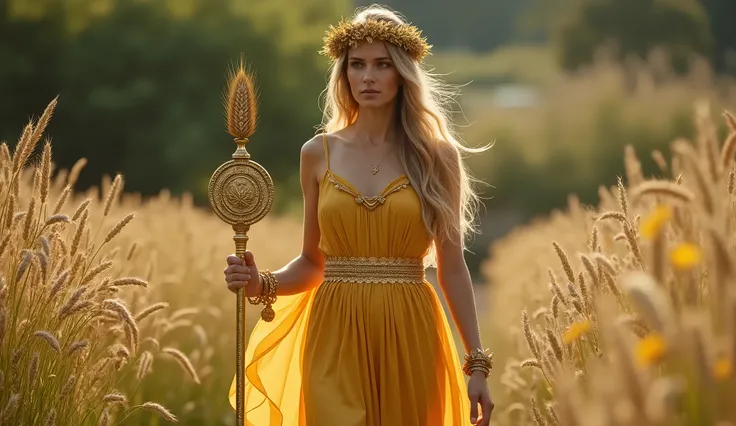 "Create an ULTRA REALISTIC image of Demeter in a garden full of flowers and plants, wearing a long golden wheat dress. Her GOLDEN crown of wheat ears and gold bracelets reflect the soft light, and she holds a scepter decorated with harvest symbols. Her loo...