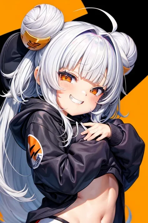 Hide hands、Hug a stuffed toy 、Oversized hoodie. hime cut, (ruri gokou),, skin-tight.,Double teeth。 Ahoge, bangs, Flashy hair ,　
Do not expose skin、Emphasize the breast、
Ahoge, bangs, Asymmetrical hairstyles, surprise, Silver Hair, Bun Hair, 