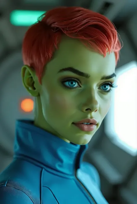 A green skinned girl, wearing a blue space shirt, spaceship interior background. Her eyes are blue. She has red short masculine hair. Beautiful detailed face 