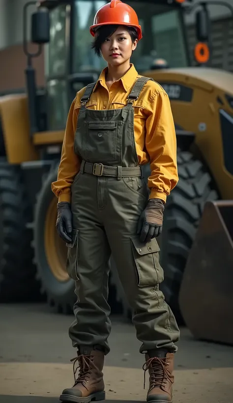 Photography, best quality, realistic, full body shot. A 30 years old Indonesian woman with bulging arms and short cropped hair wearing mechanic clothes, safety helmet, and boots standing in front of a machine. Masculine pose, arrogant smirk, detailed face ...