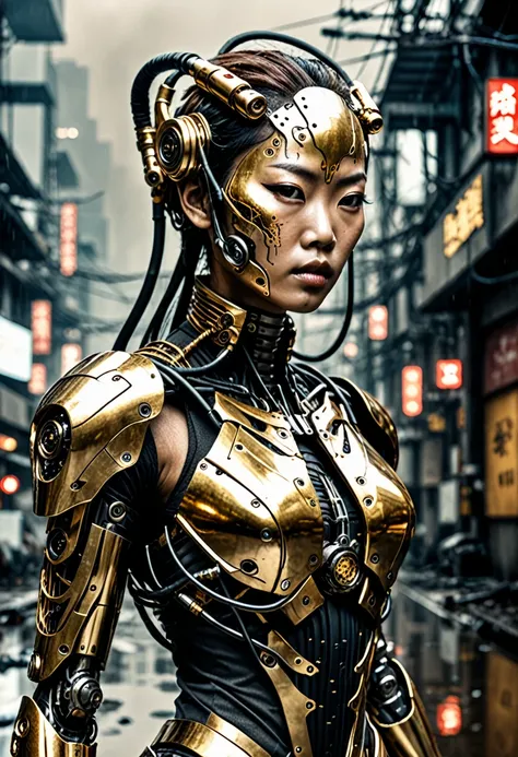 (realistic, cyborg asian cybernetic organism 32k--9:16 --ar) asian female  face , gold cyborg body with black wires and hoses,  hires professional photography of the highest quality, beautiful face shape, perfect anatomy, very slant eye asian,  expressive ...