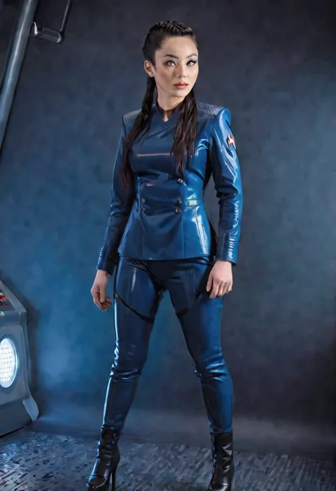 A beautiful (Christina Chong beautiful face, narrowed eyes. smirk. black braided hair,) , wearing a blue latex uniform from ((star trek next generation )) ((((nurse )))),high heel
buckled
thigh boots (((full body )))it, high quality , extremely detailed, h...