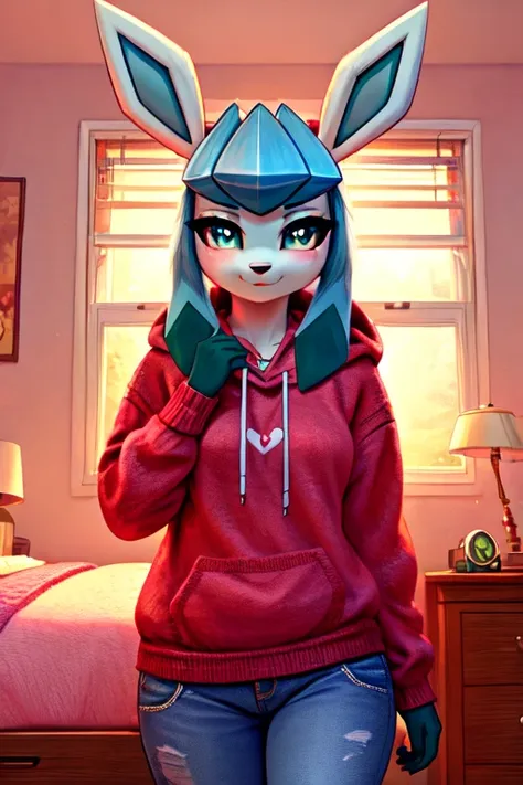 musician girl, looking at viewer, glaceon, morning bedroom background, pokemon girl in a hoody holding a banjo, clothed girl, clothed, clothes, knit sweater, jeans, bedroom