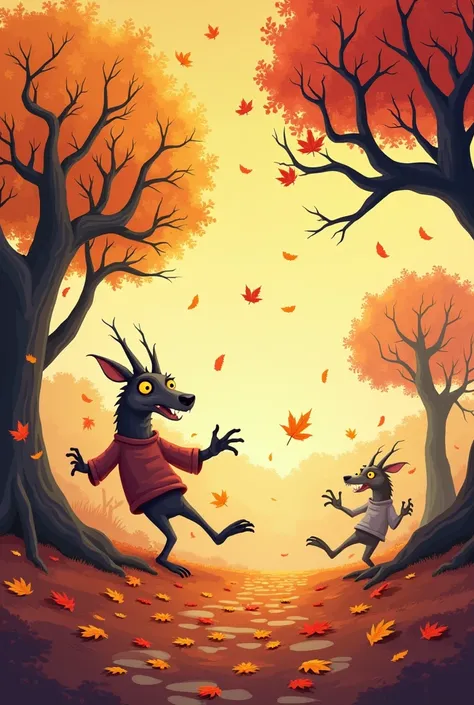 Autumn, dead trees, falling leaves, flying leaves, wind effects, cartoon