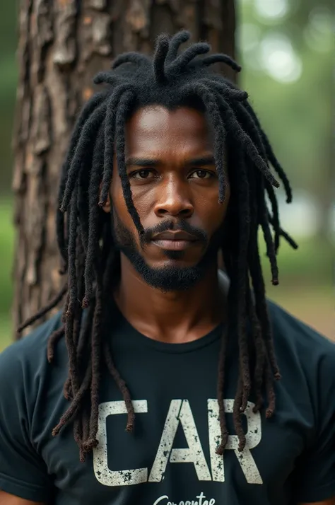 Handsome man dressed in black with writing on his shirt, dreadlocks where the pine tree is carried 
