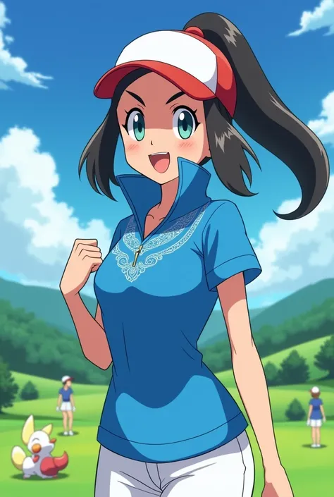 Anime Pokemon Trainer Princess, Lucina wearing a Blue Polo with a Massive Popped Collar Polo while playing Golf. After winning she pops her polo collar up