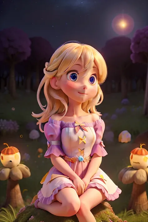 Light blonde haired anime girl with pale blue purple eyes wearing pink off shoulder puffy sleeves dress and knee length white boots sitting in the woods next to an orange mushroom surrounded by fireflies under starry sky sitting  