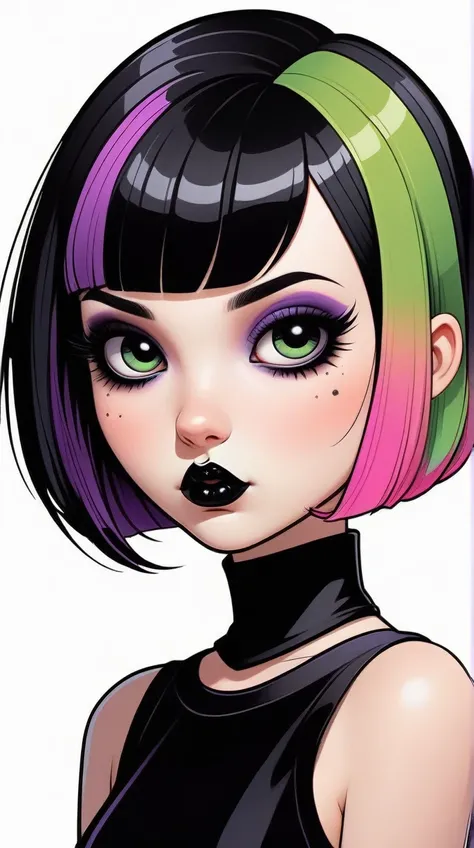 kawaii cute goth girl in a cartoon style, 1girl,solo, upper body, looking at viewer, white background, bob cut, short hair, multicolored hair, makeup , parted lips, black lips, eyeliner, gothic, goth girl