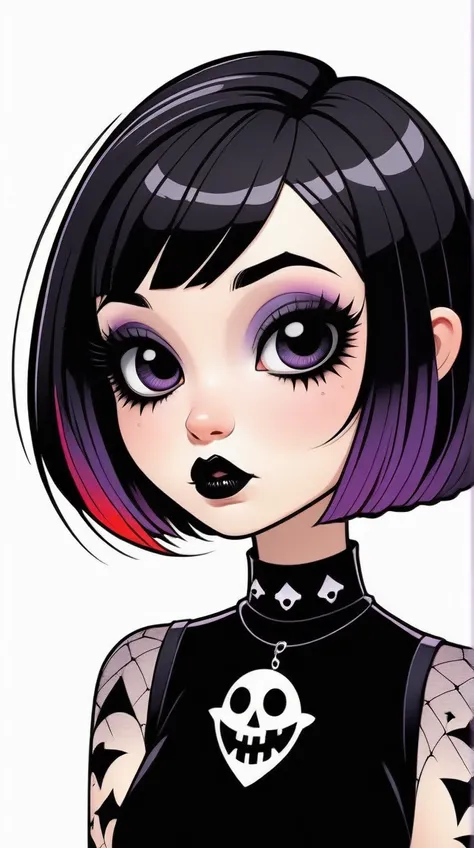 kawaii cute goth girl in a cartoon style, 1girl,solo, upper body, looking at viewer, white background, bob cut, short hair, multicolored hair, makeup , parted lips, black lips, eyeliner, gothic, goth girl