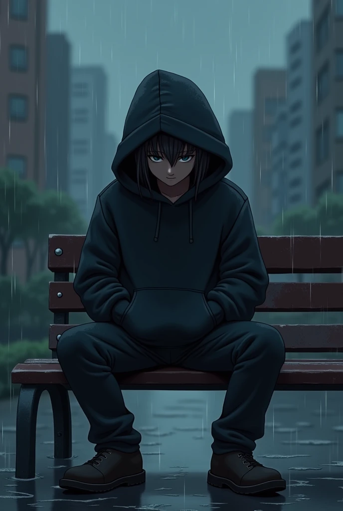 Make one in a black sweatshirt with your hands in your pockets and your face covered by the hood of the sweatshirt, sitting on a bench on a rainy day, cartoom, depth of field, anime, black skin color with half bald hair, moving image