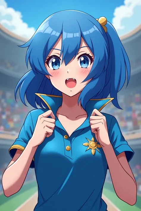 Anime Pokemon Trainer Princess, Lucina who has blue hair and is wearing a Blue Polo with a Massive Popped Collar Polo. After winning she pops her polo collar up