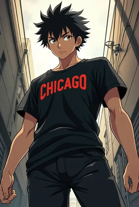 Create a male character in the style of Tokyo Revenger, similar to Terano South, short black social hair and brown eyes, with black shorts and a Chicago t-shirt 