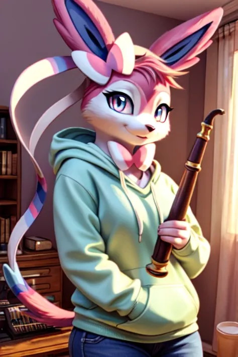 musician girl, looking at viewer, sylveon, morning bedroom background, pokemon girl in a hoody holding the pipe, pipe (musical i...