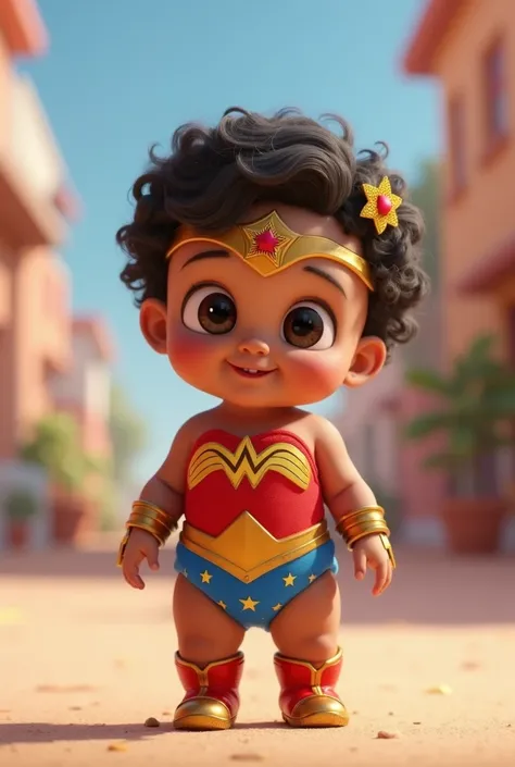 Create a picture of a one year old baby, light brown skin, dark, molded eyes, fly, short dark hair. wearing blue, red and yellow wonder woman style. full body image. Pixar style. Standing. chubby. With head ornament.