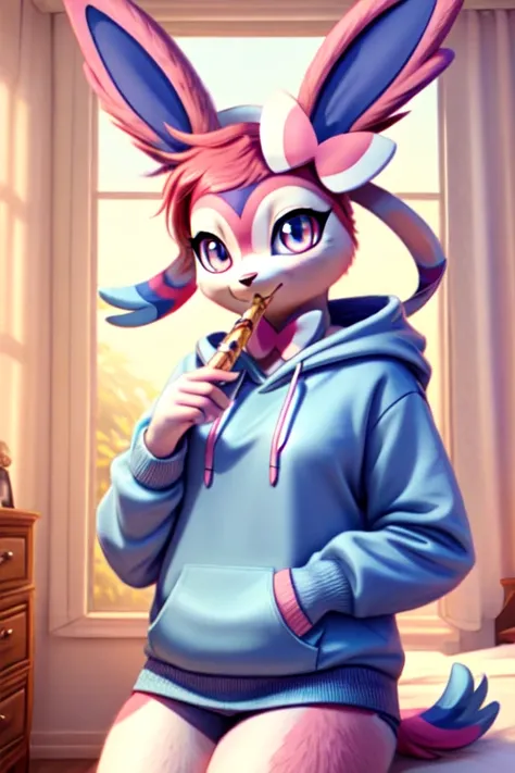 musician girl, looking at viewer, sylveon, morning bedroom background, pokemon girl in a hoody holding the flute, flute (musical instrument)
