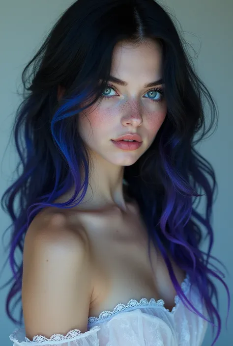 Woman with wavy hip-length black hair with blue and purple highlights, blue eyes almost purple, Pale skin with freckles and a good body 