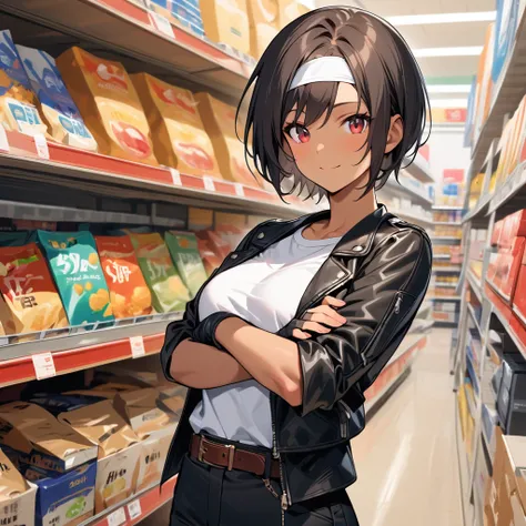 Female, 20, dark skin, alone, red eyes, ((black leather jacket with rolled up arms)), fingerless gloves, black hair, short cut, white t-shirt, ((white headband)), black pants, white shoes, brown belt, handsome, shot, charming, masterpiece, high resolution,...