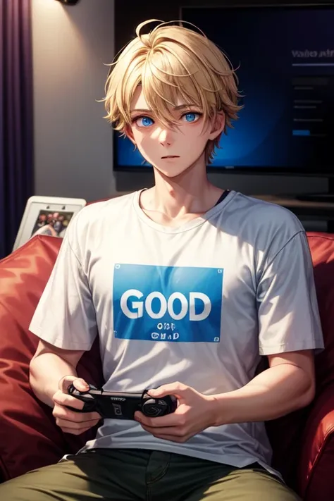 Young man of twenty years old , blond spiky hair , blue eyes , playing video games with the word "God" On your shirt