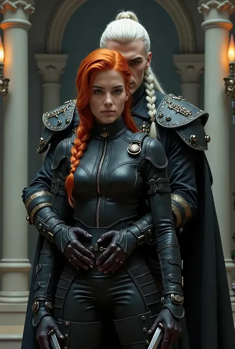 Create a beautiful redhead woman, that she has her hair tied in a single side braid, with light blue eyes, She is dressed in a black leather combat suit with elbow and knee protectors... He is holding two small daggers in both hands and is in a defensive s...