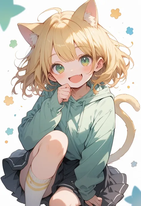 blonde, yellow cat ears, green eyes, big white sweatshirt, black skirt with yellow details, big white sock, (()), (( of anime)) ...