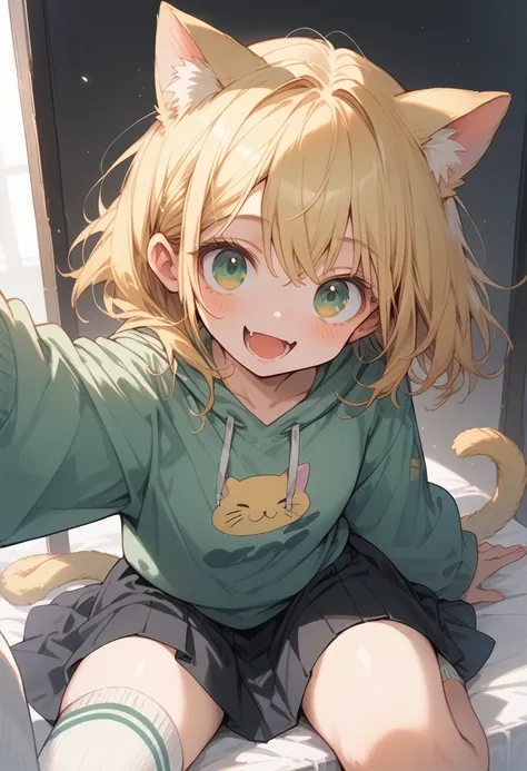 blonde, yellow cat ears, green eyes, big white sweatshirt, black skirt with yellow details, big white sock, (()), (( of anime)) ...