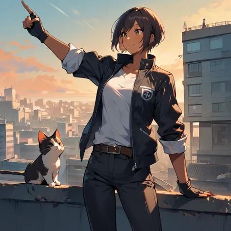 One girl, one cat, short hair, slightly larger breasts, dark skin, dark hair, she is wearing ((black jacket with rolled up sleeves)), fingerless gloves, white T-shirt, ((white headband)), black pants, white shoes, brown belt. The girl is smiling broadly an...