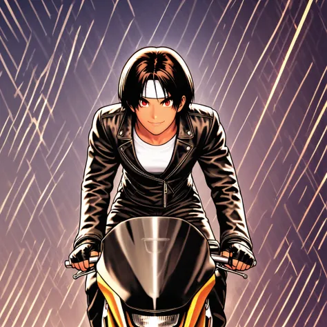 A breathtaking anime masterpiece: A stunning young man with short black hair, piercing red eyes, and dark skin, donning a striking ensemble. She sits confidently on her racing bike, dominating the wide-angle shot of the motorcycle track. Her smile, (ssmile...