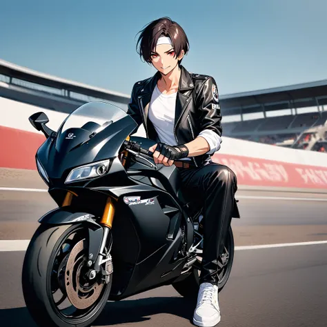 A breathtaking anime masterpiece: A stunning young man with short black hair, piercing red eyes, and dark skin, donning a striking ensemble. She sits confidently on her racing bike, dominating the wide-angle shot of the motorcycle track. Her smile, (ssmile...