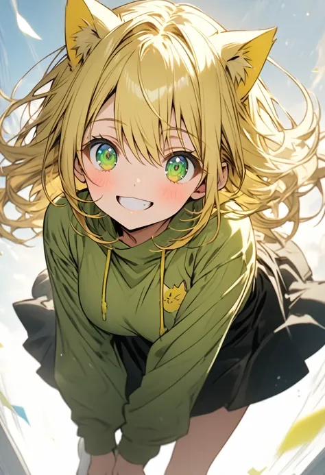 blonde, yellow cat ears, green eyes, big white sweatshirt, black skirt with yellow details, big white sock, (()), (( of anime)) ...