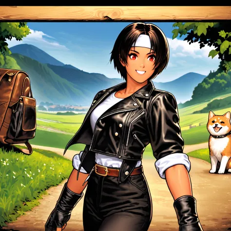 Clear Stream、Beautiful mountains in the background、（Girl taking a walk with a puppy：1.3）、（Shiba Inu：1. 3）、（Have a lead）、Smiling gently、（beautiful girl）、Shortcuts、Slightly large chest、Red eyes、Dark Skin、Black Hair、（Black leather jacket with rolled up sleeve...