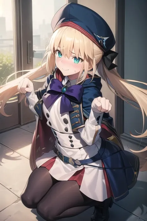 bbcaster, long hair, twintails, beret, blue headwear, green eyes,
BREAK blue cape, bowtie, white dress, long sleeves, black gloves, buttons, double-breasted, blue belt, black pantyhose,
BREAK looking at viewer, squatting, (paw pose:1.1),
BREAK (embarrassed...