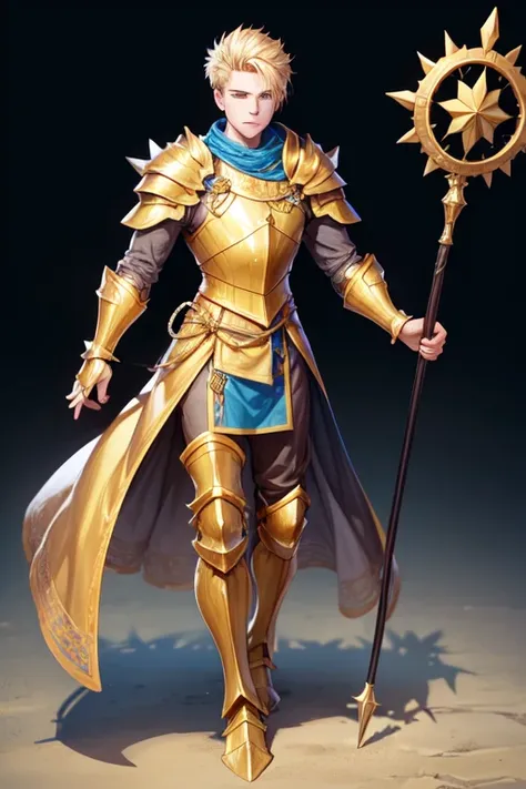 Young man of twenty years old , blond spiky hair , blue eyes , both hands holding a long golden metal staff , golden metallic helmet , golden metal armor , full body , HEAD ON 