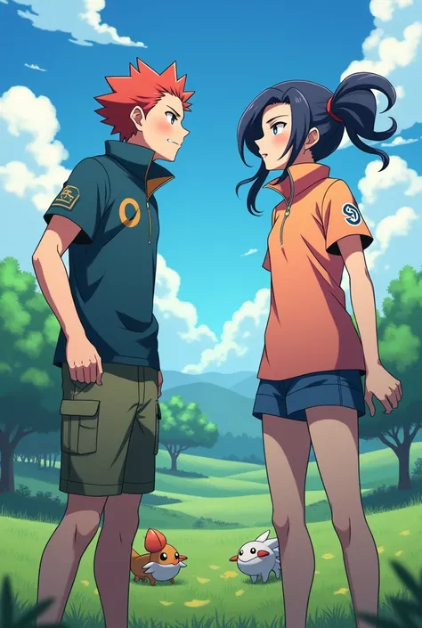 Anime Male and Female Pokemon Trainers both wearing a Massive Popped Collar Polo with a collar so high its taller than their head while battling each other