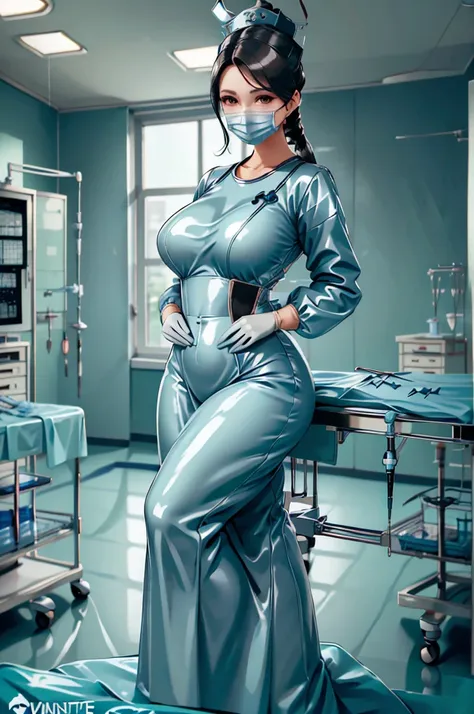 nurse uniform,hospital, latex nurse suit,nurses,busty,elbow gloves,labcoat,black hair woman,red eyes , gigantic ,medical instrum...