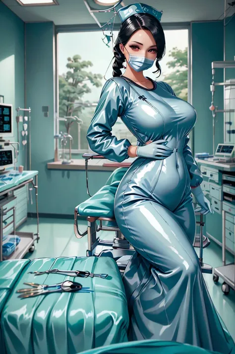 nurse uniform,hospital, latex nurse suit,nurses,busty,elbow gloves,labcoat,black hair woman,red eyes , gigantic ,medical instrum...